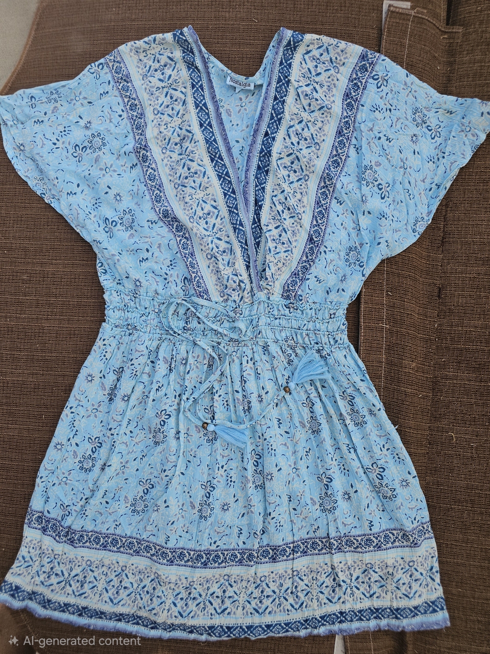 Nostalgia Light Blue and Navy Printed Flutter-Sleeve Dress